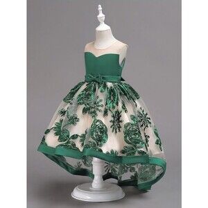 Kids Little Girls Dress Floral A Line Party Wedding Lace Bow Green Size 7/8